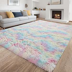 Poboton 6X9 Rainbow Carpet for Living Room Soft Luxury Bedroom Large Fluffy Plush Area Rug Shaggy Big Comfy Carpet