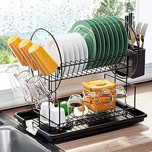Z&L HOUSE 2-Tier Dish Drying Rack, Space Saving Metals Dish Dryer Rack with Drainboard, Small Dish Racks for Kitchen Counter with Cup Holder Utensil Holder Black