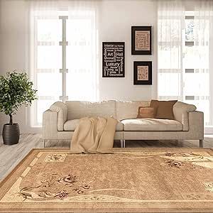 SUPERIOR Indoor Area Rug or Runner, Jute Backing, Traditional Farmhouse Floral Block, Ideal for Entryway, Living Room, Kitchen, Bedroom, Hallway, Floor Cover, Ruban Collection, 4' x 6', Taupe