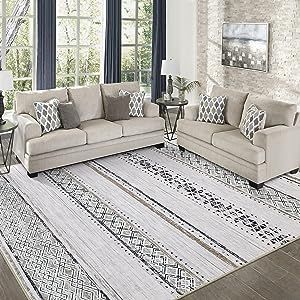 Area Rugs Living Room Rugs: 5x7 Rug for Bedroom Machine Washable with Non-Slip Backing Stain Resistant Large Geometric Moroccan Carpet for Nursery Dining Room Home Office - Brown/Ivory