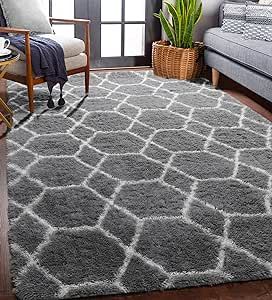 ONASAR Modern Geometric Area Rug 5x8, Fluffy Floor Rugs for Bedroom Living Room, Grey and White Rug, Soft Shag Carpet for Nursery, Playroom, Dorm, Moroccan Farmhouse Carpet, Alfombras para Salas