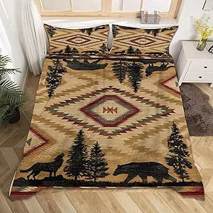 Plaid Bear Wolf Bedding Set, Twin Size for Girls Boys Rustic Cabin Farm Forest Camping Hunting Comforter Cover 4 Piece Bed Sets, Farm Duvet Cover Farmhouse Lodge Quilt Cover Brown Red Bedclothes