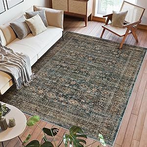 Area Rug 9x12 Living Room: Soft Large Washable Rugs with Non-Slip Rubber Backing Stain Resistant Modern Indoor Boho Vintage Carpet for Bedroom Dining Nursery Room Home Office-Blue/Brown