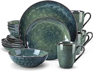 vancasso Starry 16 Pieces Green Dinnerware Set, Reactive Change Glaze Dinner Set, Plates and Bowls Set