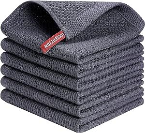 Kitinjoy 100% Cotton Kitchen Dish Cloths, 6 Pack Waffle Weave Ultra Soft Absorbent Dish Towels for Drying Dishes Quick Drying Kitchen Towels Dish Rags, 12 X 12 Inches, Dark Grey