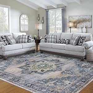 Area Rugs for Living Room: 8x10 Rug for Bedroom Machine Washable with Non Slip Backing Non Shedding, Boho Medallion Floral Large Carpet for Dining Room Nursery Home Office Gray/Blue