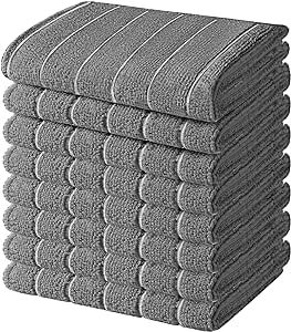 HYER KITCHEN Microfiber Dish Towels, Stripe Designed, Super Soft and Absorbent Dish Cloths, Pack of 8, 12 x 12 Inch, Gray