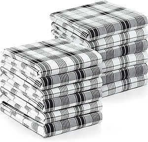 Utopia Towels Plaid Check Dish Towels, 15 x 25 Inches, 100% Ring Spun Cotton Super Absorbent Linen Kitchen Towels, Soft Reusable Cleaning Bar and Tea Towels Set (12 Pack, Black, White)