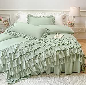 MOOWOO Girls Bedding,Waterfall Ruffle Duvet Cover -Twin 2 Piece Shabby Chic Bedding Solid Color Soft and Breathable with Zipper Closure,Corner Ties,Aesthetic Bedding