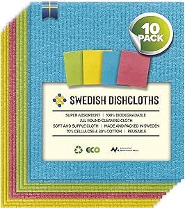 Swedish Dish Cloths - 10 Pack Absorbent, Reusable, & Washable Hand Wash Cloths for Kitchen, Dishwashing - Cellulose Sponge Dishcloth Towels - Eco-Friendly Cleaning Paper Towel Alternative