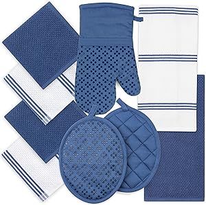 Kitchen Towels Dishcloths Oven Mitts and Pot Holders Set of 9, Oeko-Tex 100% Cotton Terry Dish Towels & Dish Cloths, Non-Slip Silicone, Dark Blue