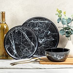 bzyoo 12 Piece Melamine Dinnerware Set - Durable, Dishwasher Safe Plates and Bowls - Ideals for Parties, Camping Dish Set Black Marble Collection